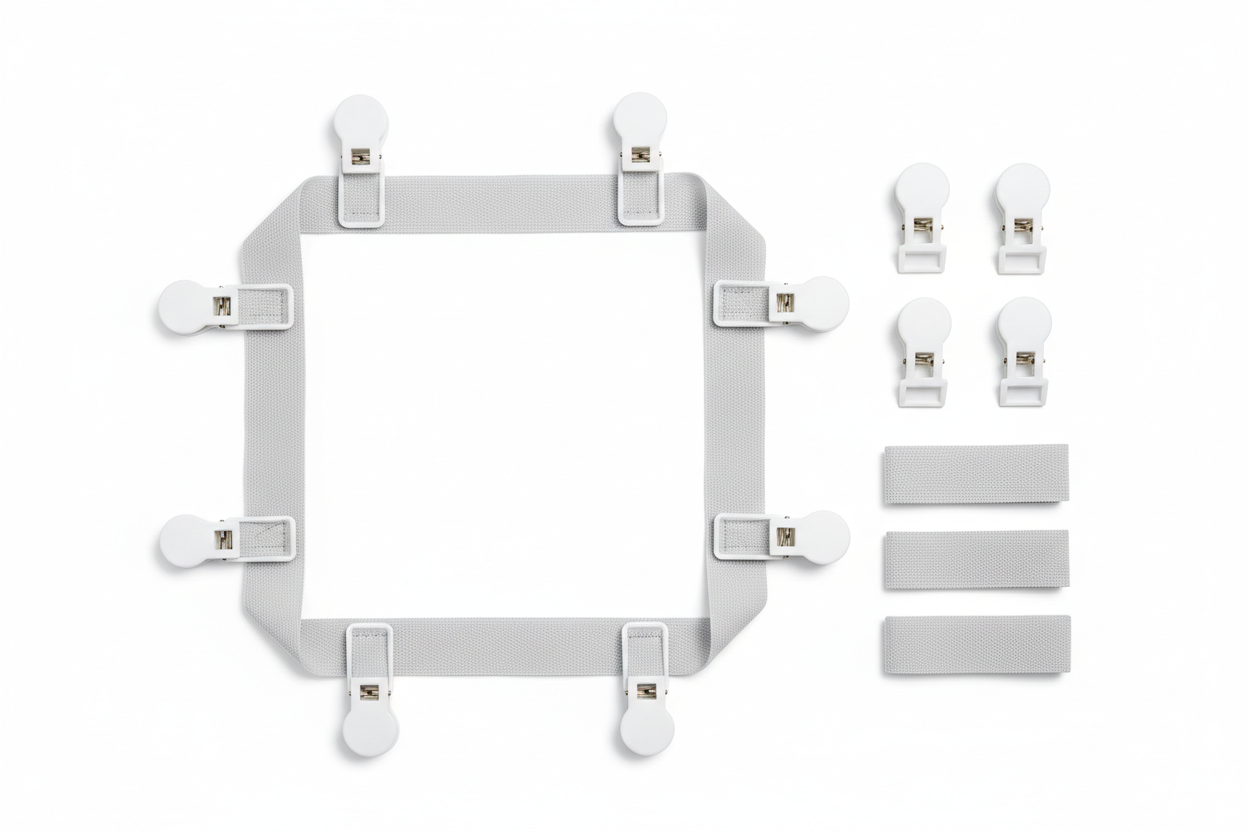 Full set of bed sheet corner fasteners and lock strips on white background