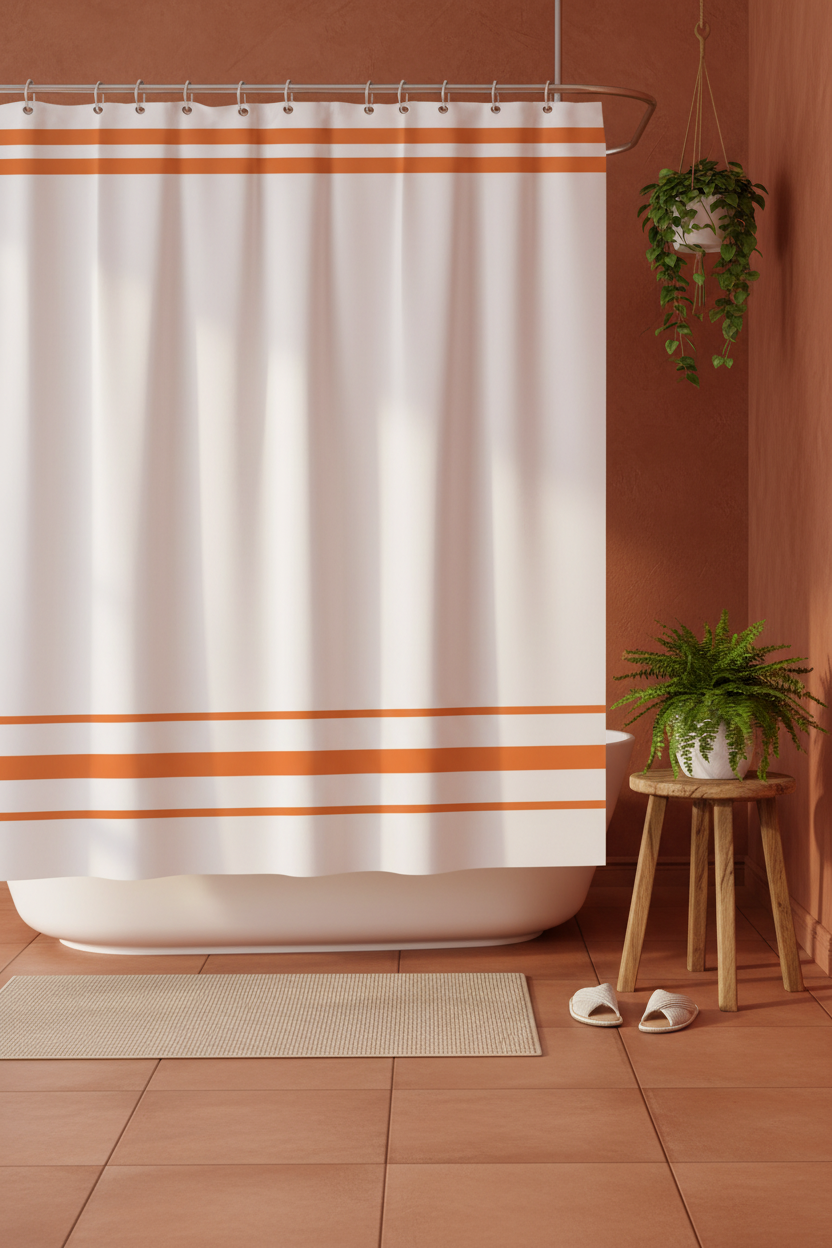 White shower curtain with orange border stripes styled in a warm earthy bathroom with terracotta accents and wooden stool