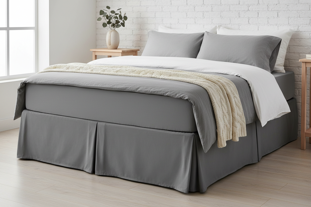 Gray pleated microfiber bed skirt on bed