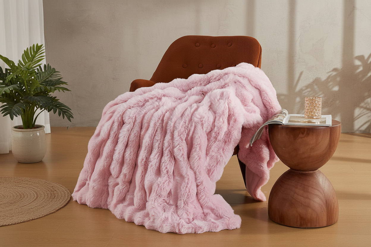 Pink Faux Fur Throw Blanket draped over a terracotta armchair with wooden side table