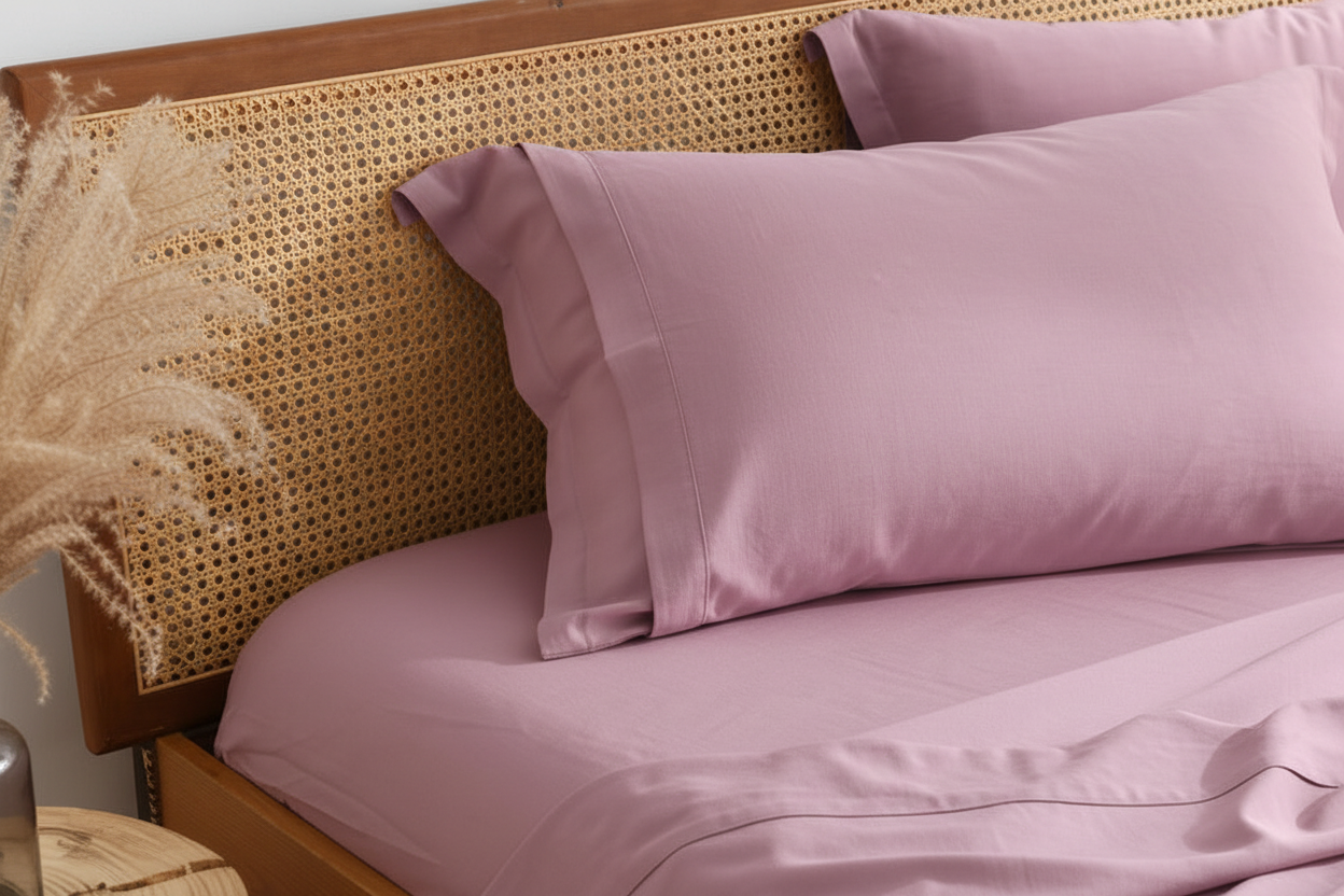 Lilac bamboo cotton linen blend pillowcase close-up showing smooth texture and envelope closure