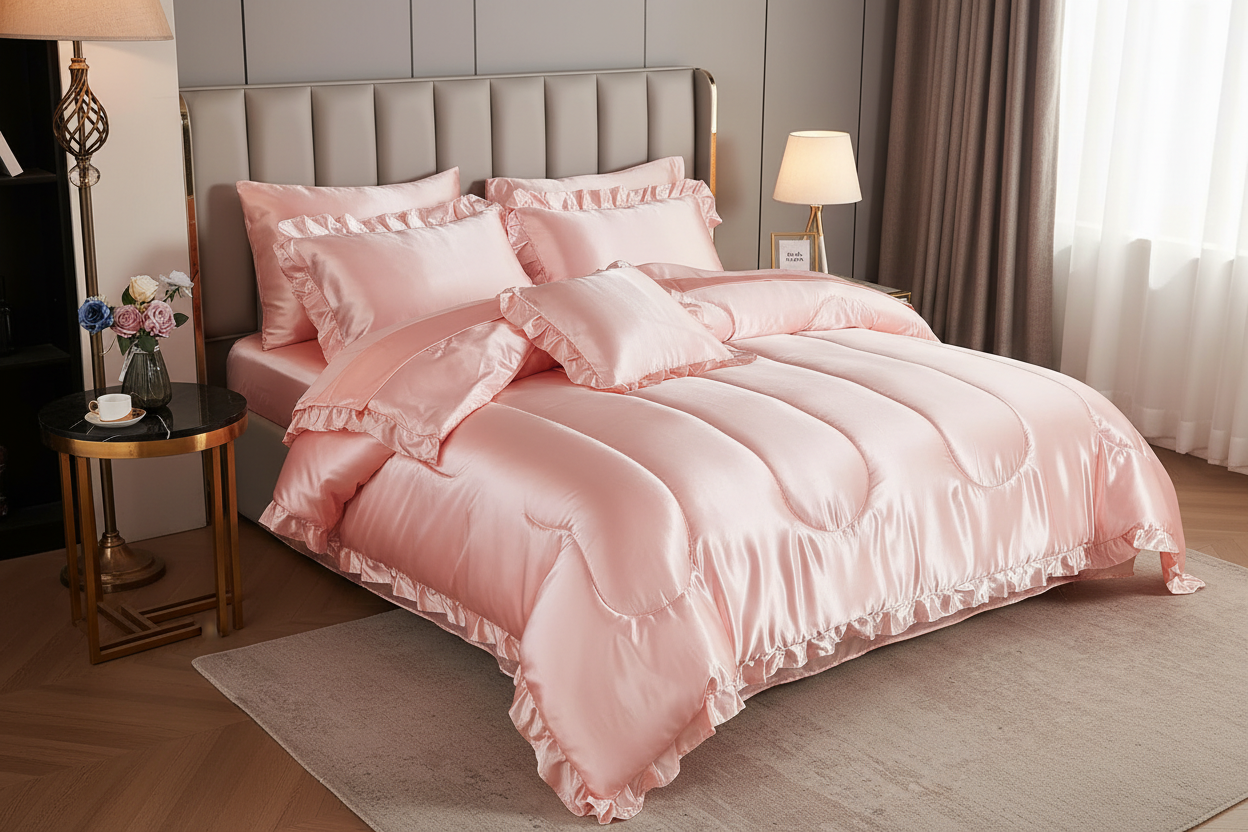 Pink satin ruffle comforter set on a king bed, side-angle luxury bedroom lifestyle shot