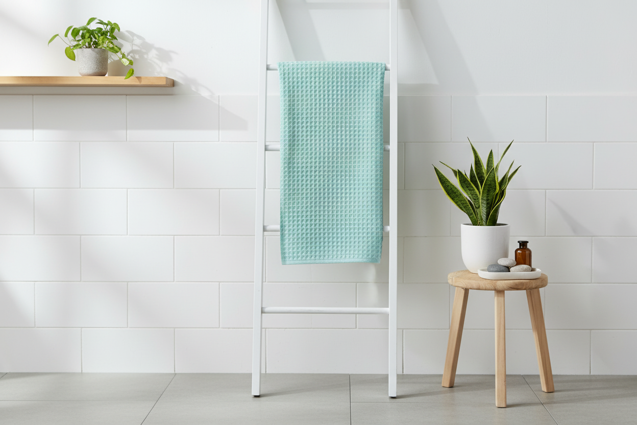 Lake green cotton waffle bath towel draped over a white towel ladder with plants
