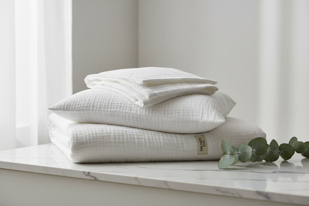 White cotton muslin duvet cover set folded and stacked on a marble surface with eucalyptus