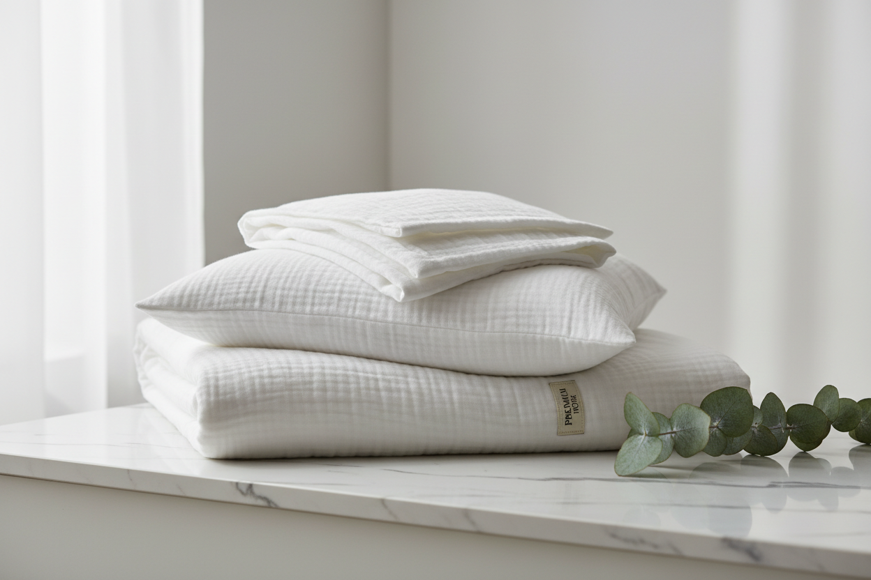 White cotton muslin duvet cover set folded and stacked on a marble surface with eucalyptus