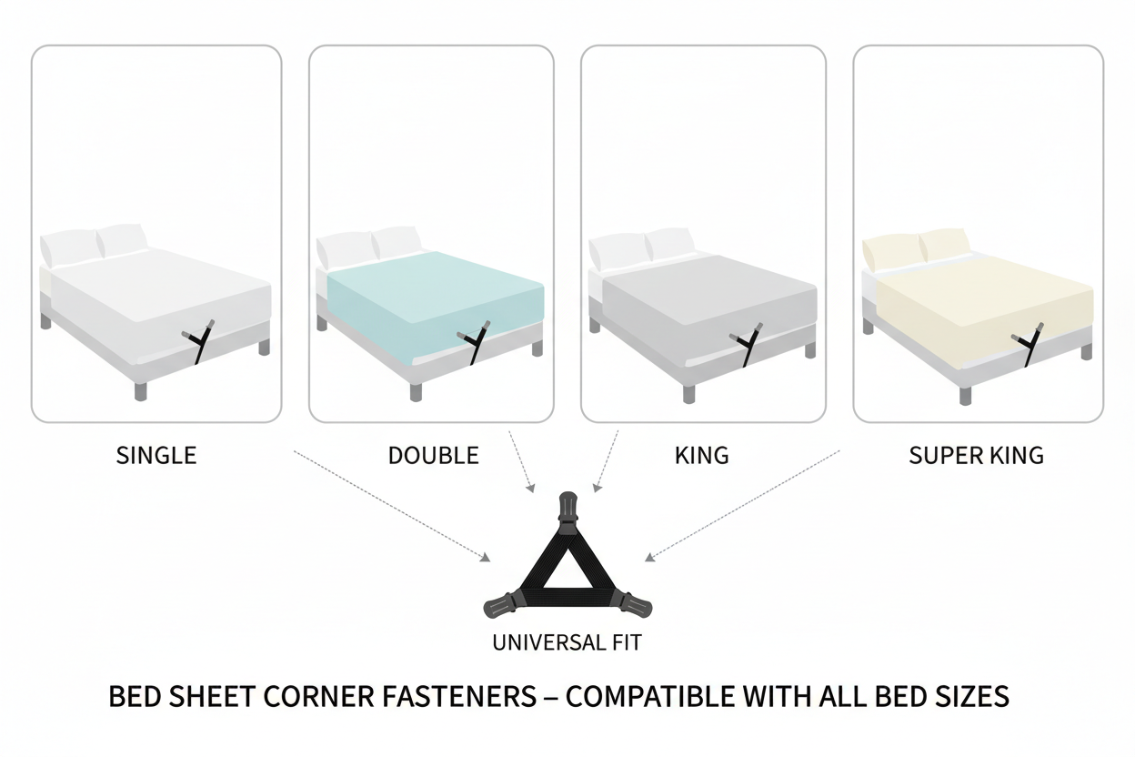 Bed sheet corner fasteners compatible with all UK bed sizes