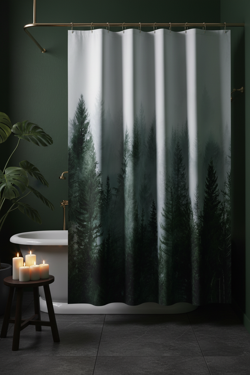 Moody editorial bathroom with misty forest shower curtain, dark green walls, brass fixtures and monstera plant