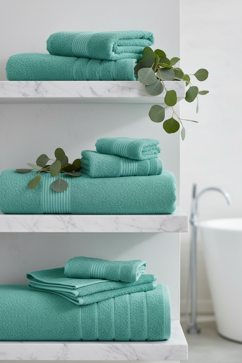 Aqua sky cotton bath towels hand towels and washcloths stacked on marble bathroom shelves