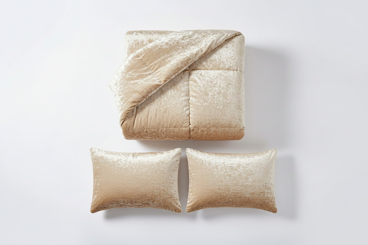 Flat lay of champagne crushed velvet comforter set and two pillow shams, top-down view