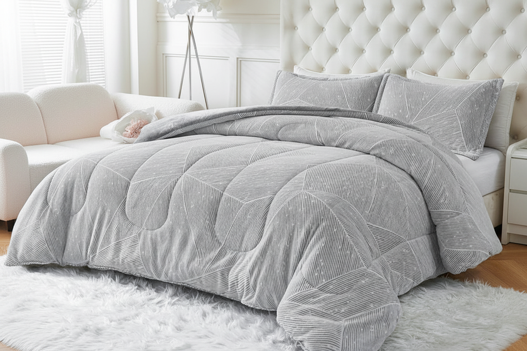 Light grey geometric striped faux fur comforter set, hero front angle, white tufted headboard