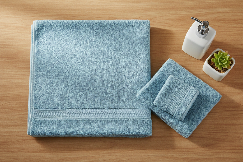 Light blue microfiber towel set flat lay top down view