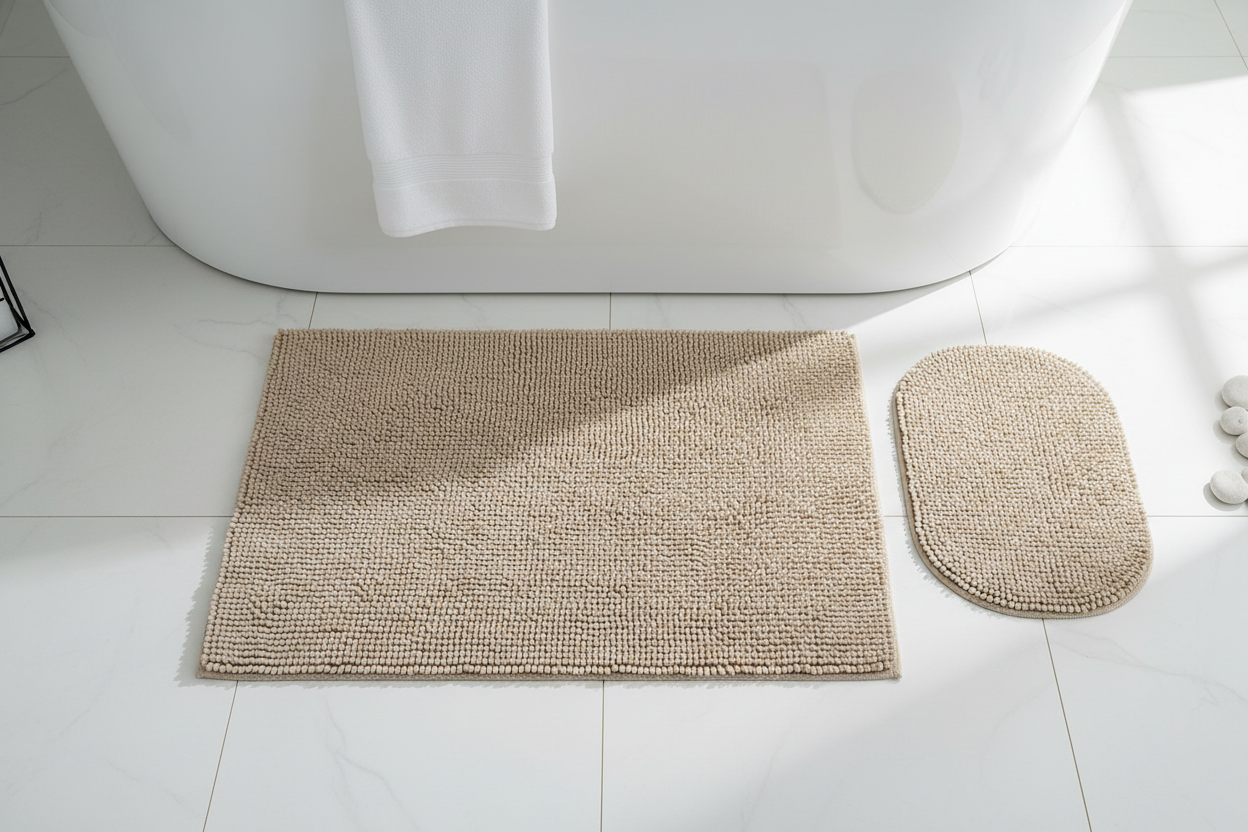 Beige 2-piece microfiber bath mat set flat lay outside bathtub