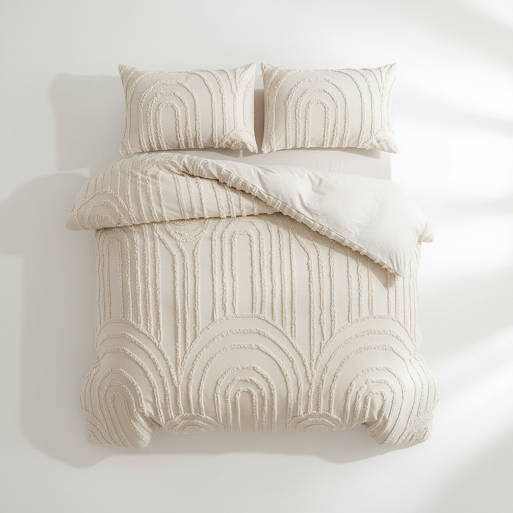 Flat lay of beige boho tufted duvet cover set with matching pillowcases