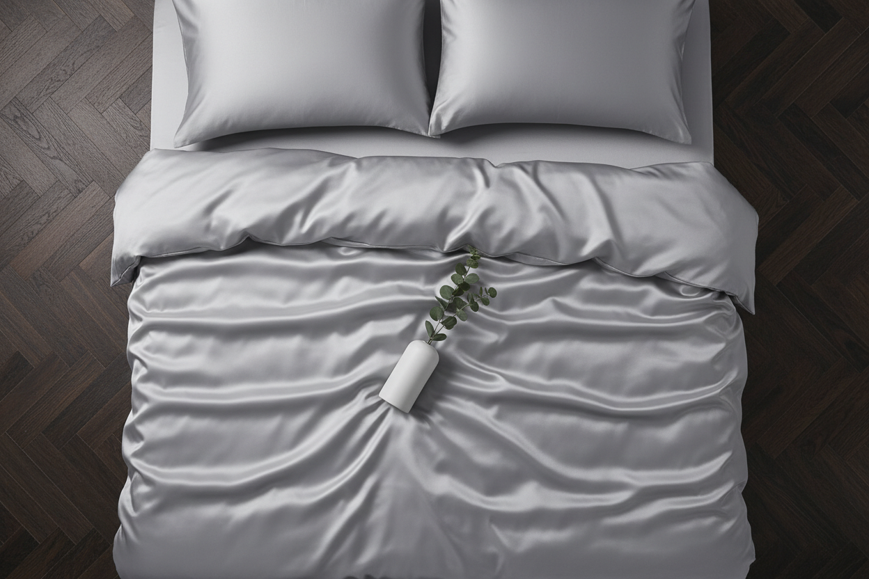 Light grey satin sheet set - overhead flat angle