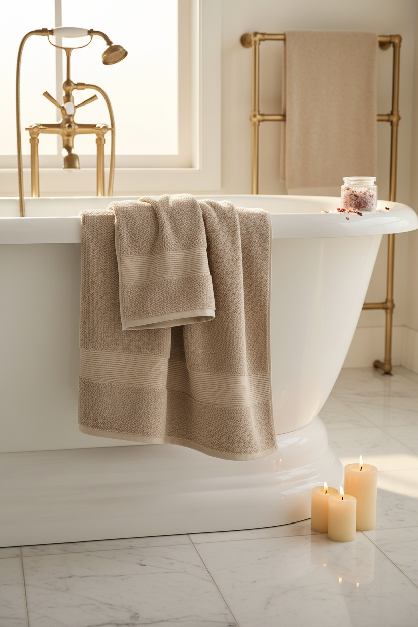 Beige 700 GSM combed cotton bath towels draped over freestanding bathtub with brass fixtures