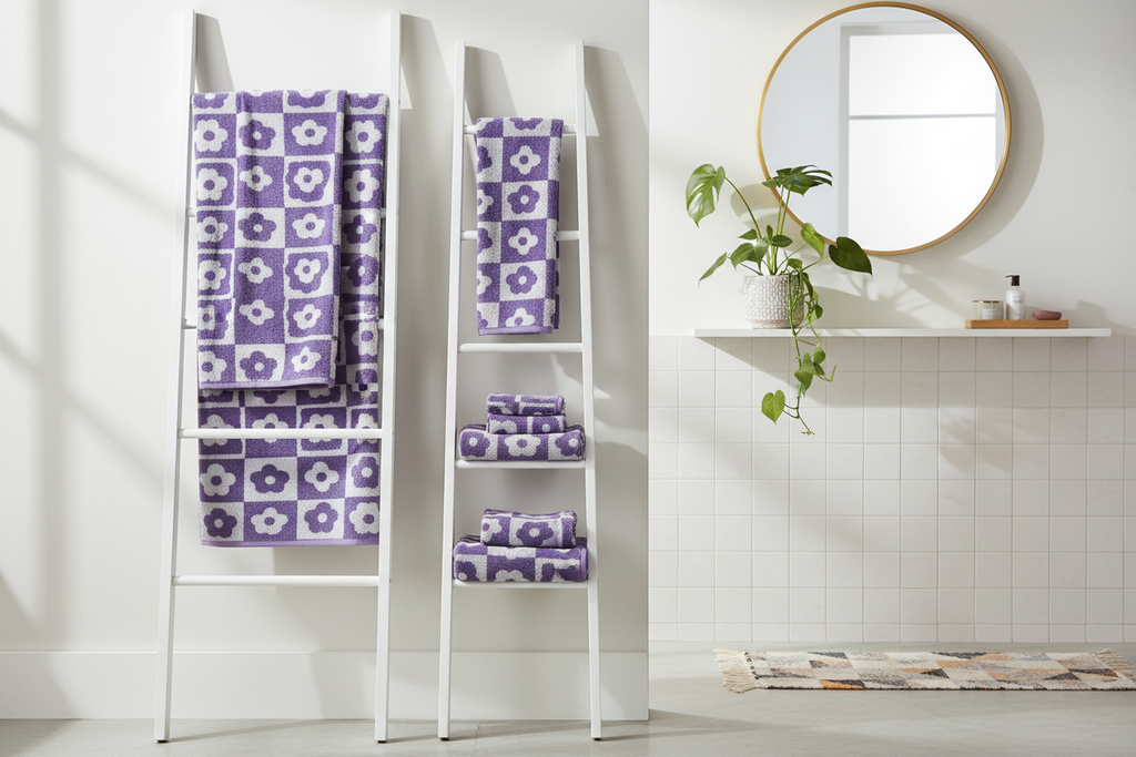 Purple checkerboard floral coral fleece 6-piece towel set on a white towel ladder in a bright bathroom