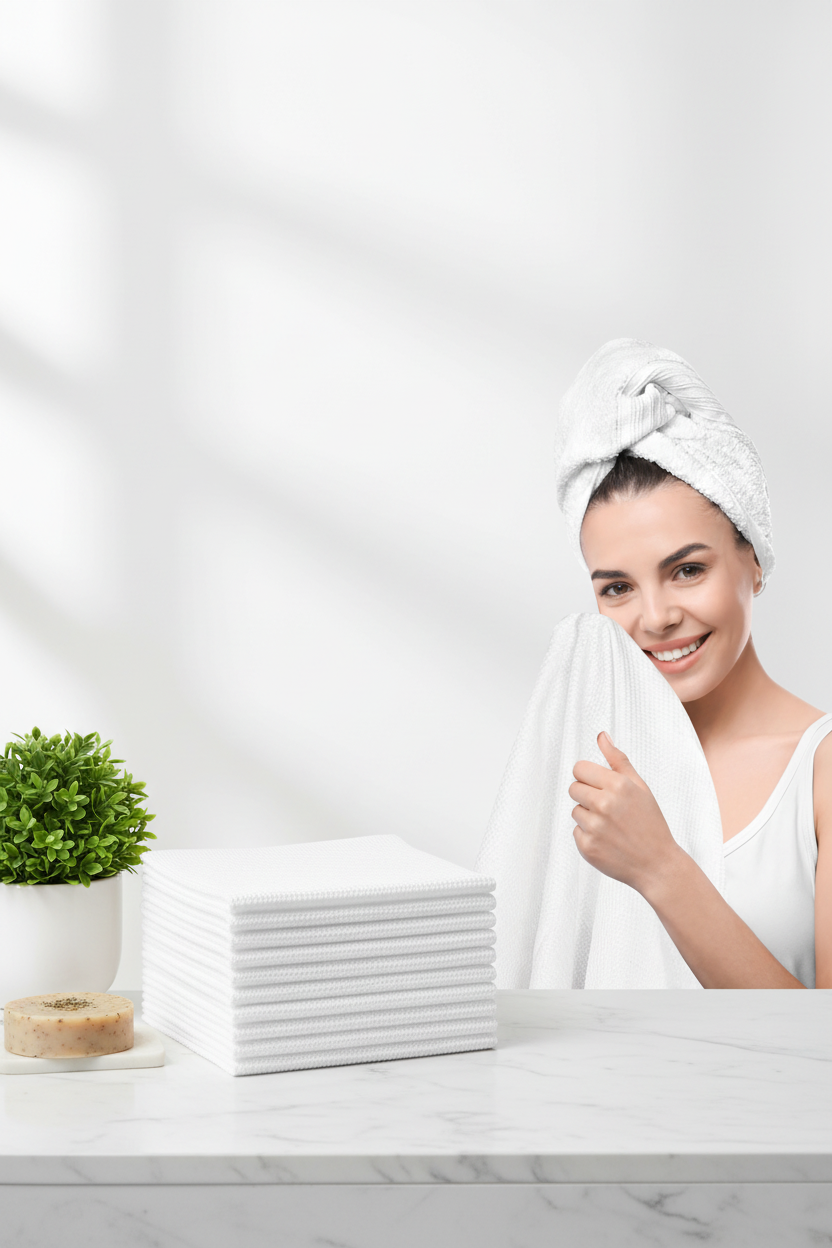 White disposable body towels stacked on marble bathroom surface with plant and soap