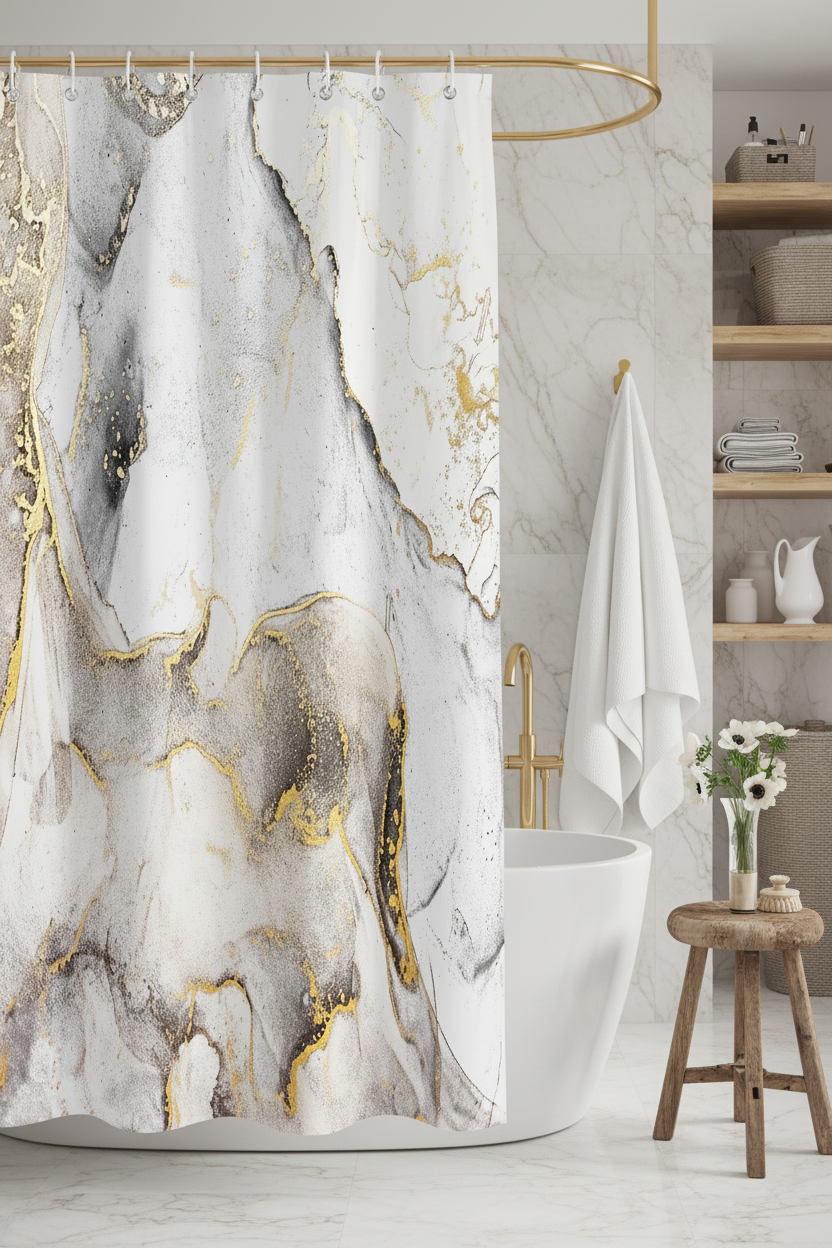 White and gold marble shower curtain in luxury bathroom with freestanding bath, marble tiles and gold fixtures