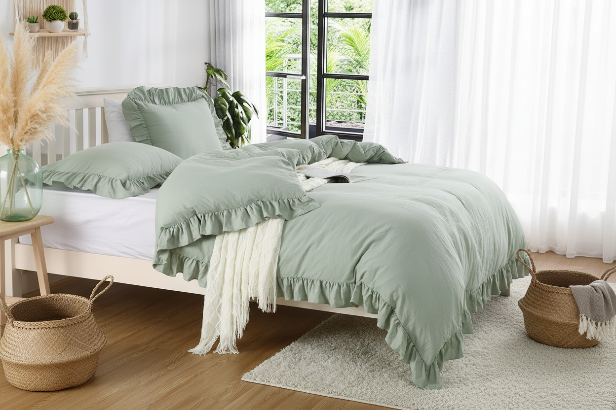 Sage Ruffle Duvet Cover Set - Boho Bedroom