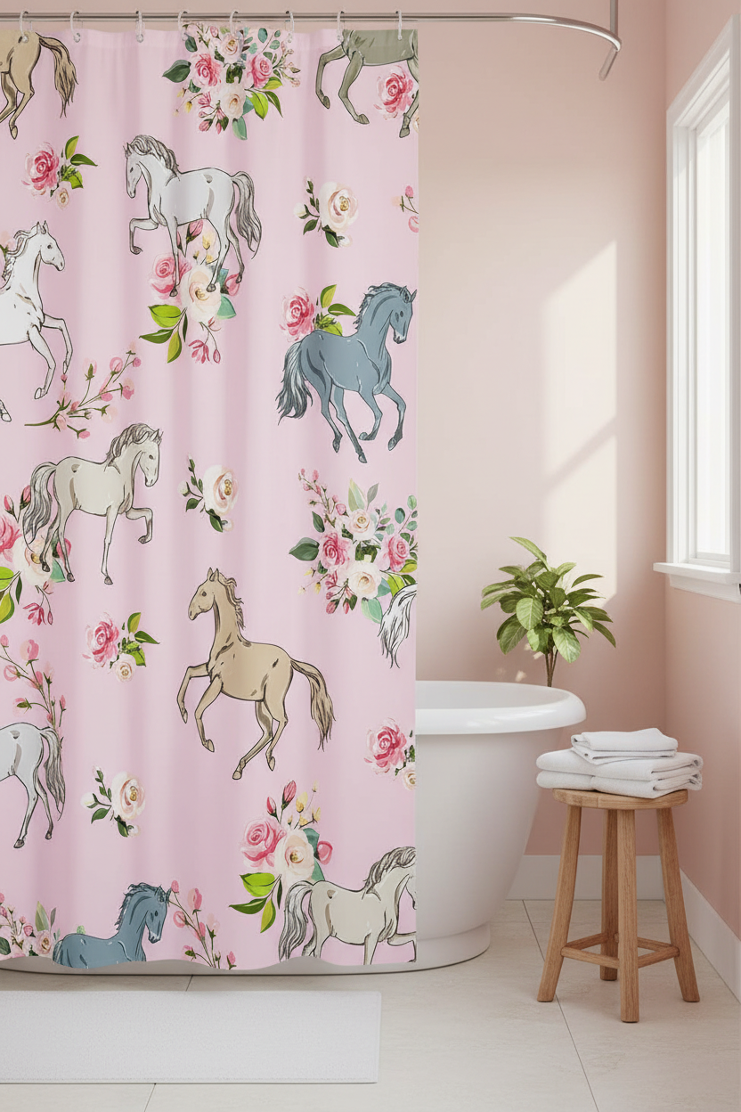 Pink horse and rose print shower curtain in a bright kids bathroom with white bathtub and pastel pink walls