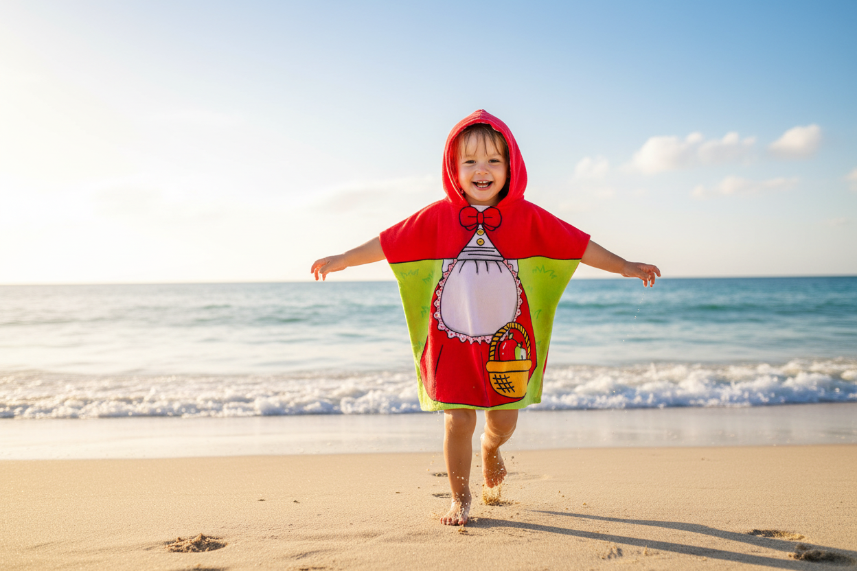 Little Red Riding Hood kids hooded poncho towel - toddler girl running on sunny beach