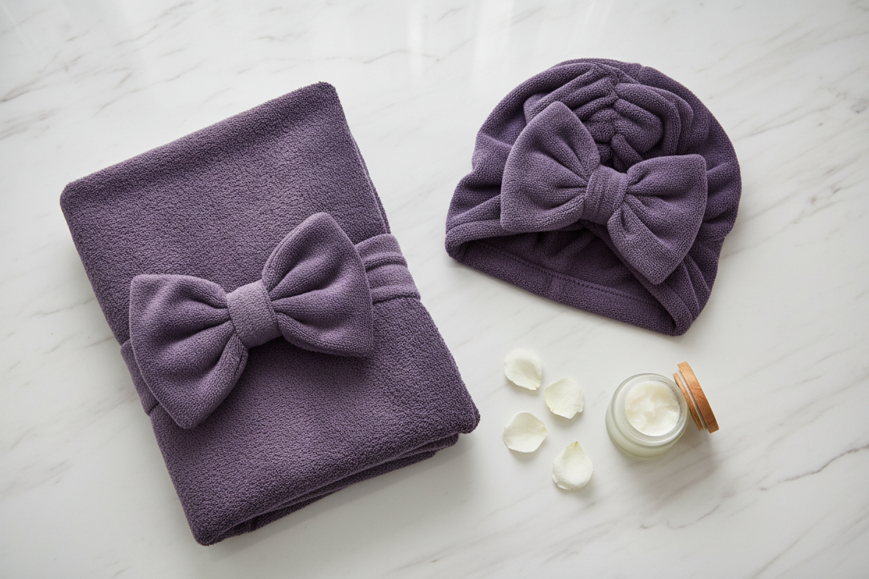 Women's Towel Wrap Set flat lay - purple body wrap and bow hair turban on marble surface