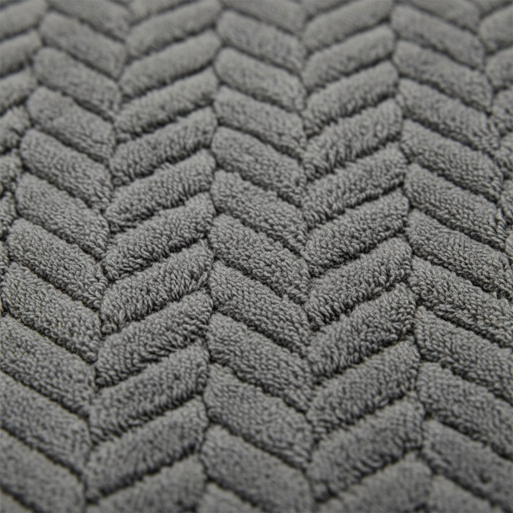 Close-up of charcoal grey microfiber bath sheet showing raised chevron herringbone weave texture