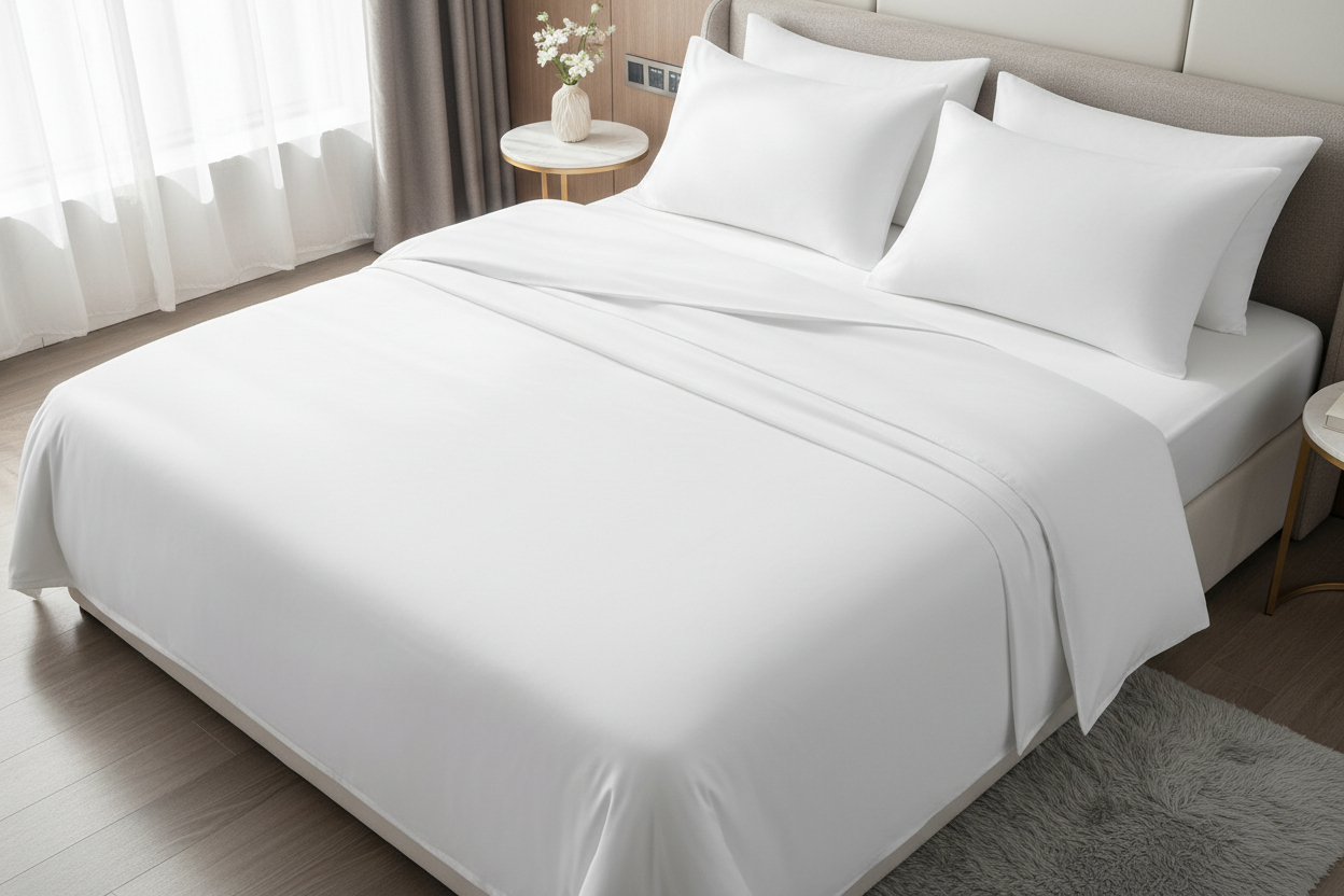 White super king 4-piece microfiber sheet set flat lay on super king bed