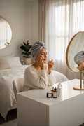 Silk Hair Towel - woman wearing gray silk turban at vanity applying skincare