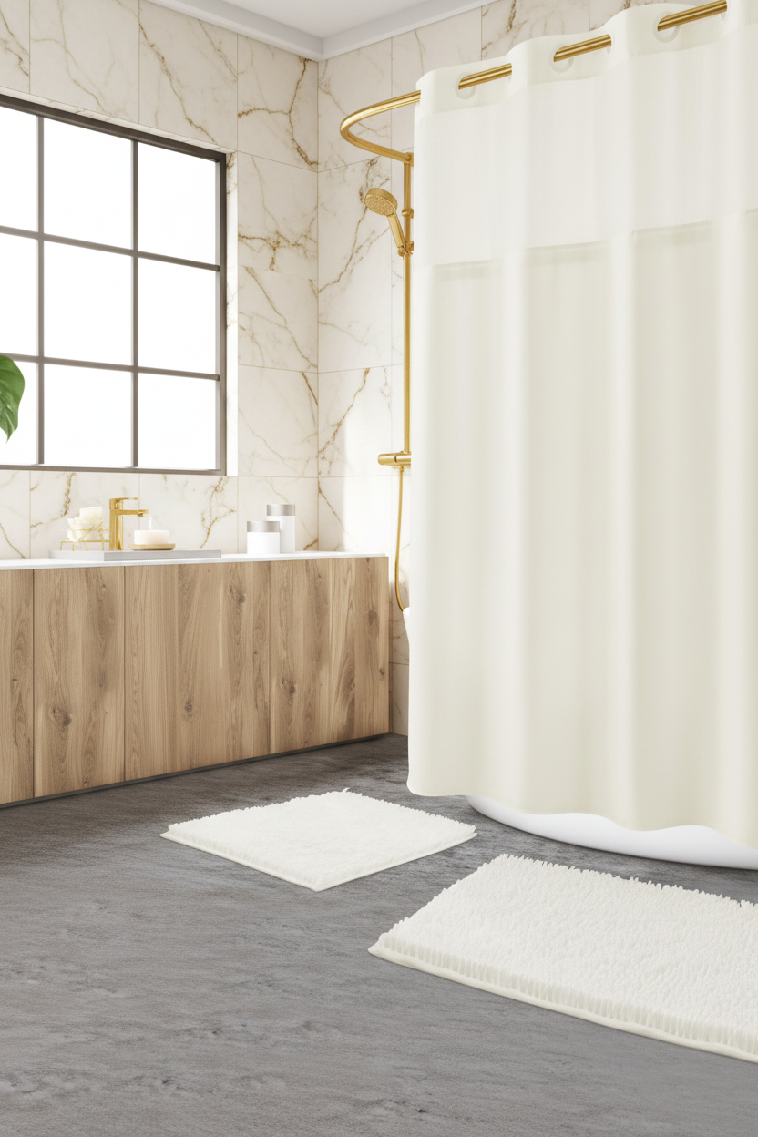 Cream shower curtain and bath rugs set in warm neutral bathroom with marble tiles and gold fixtures