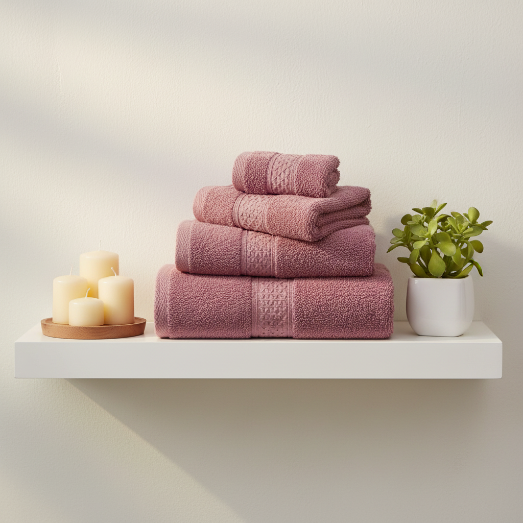 Mauve pink cotton towel set on bathroom shelf