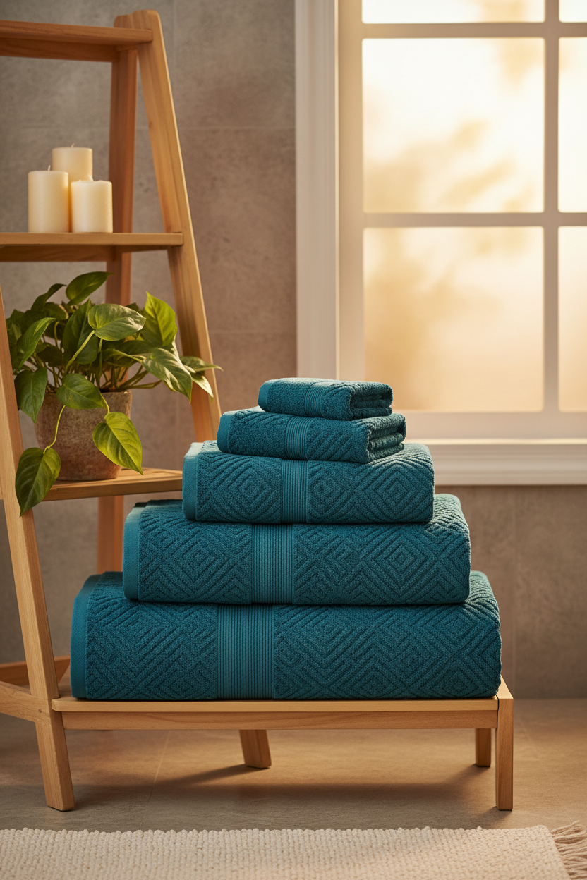 4 turquoise geometric bath sheets folded on wooden ladder shelf with candles and plant