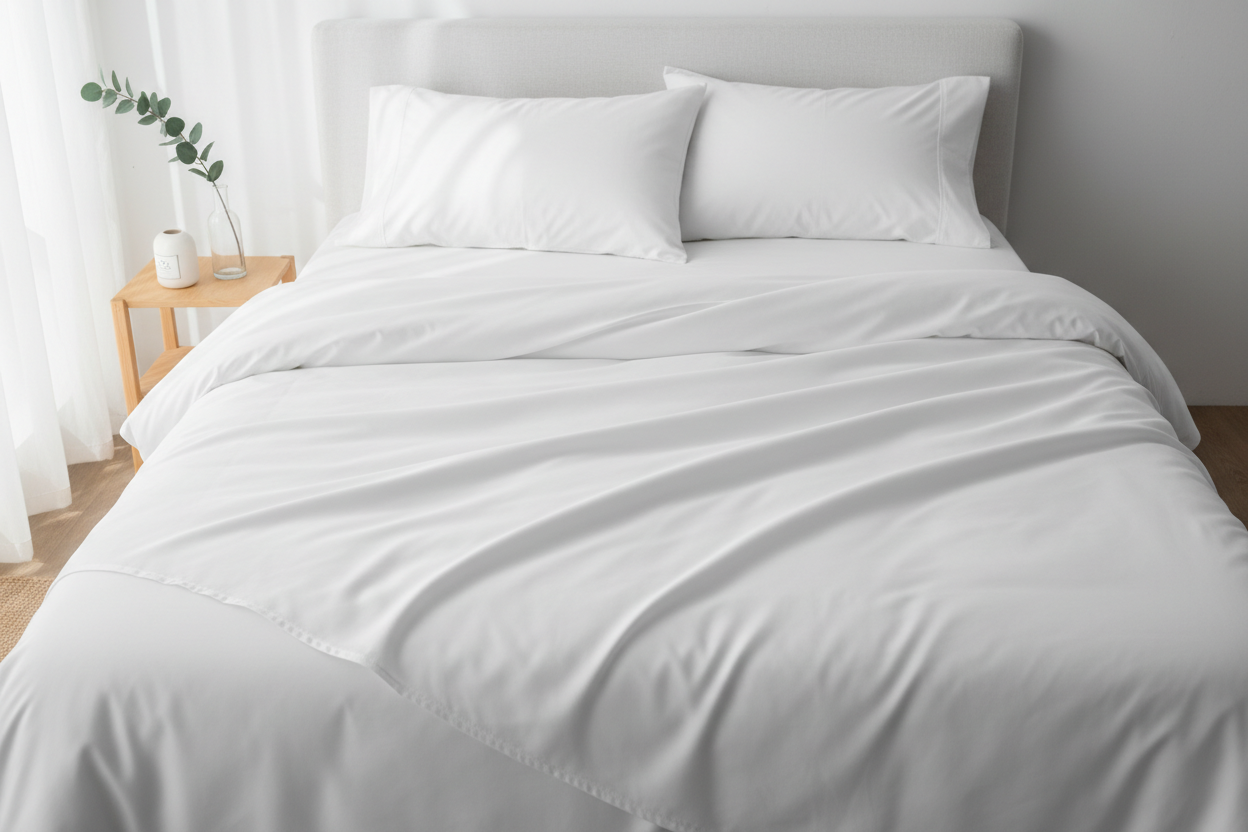 Bamboo Cooling Sheet Set — white silky sheets on a luxury bed