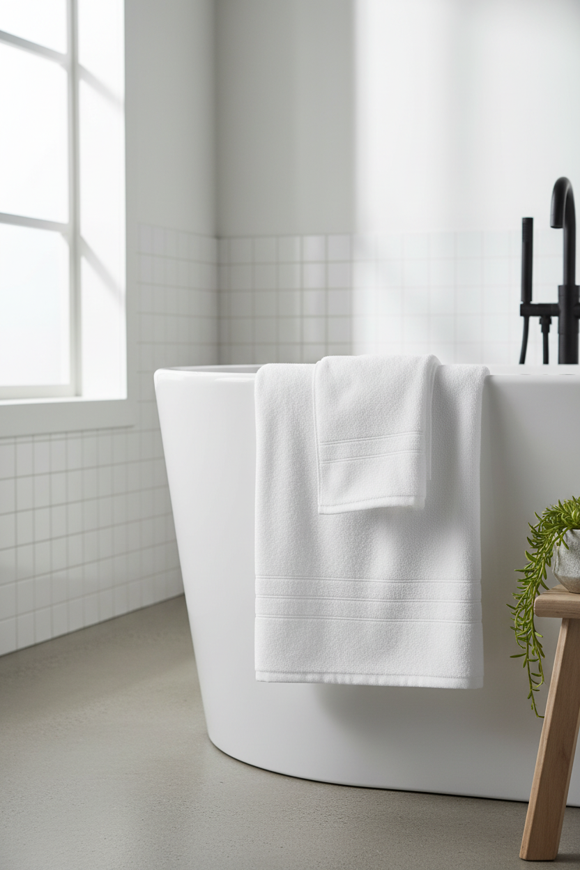 Two white Turkish cotton bath sheets draped over a freestanding bathtub in a bright minimal bathroom