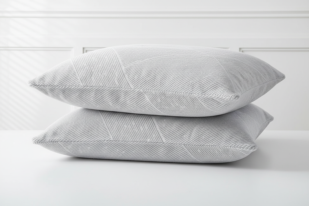 Two light grey geometric striped faux fur pillowcases stacked neatly on white surface