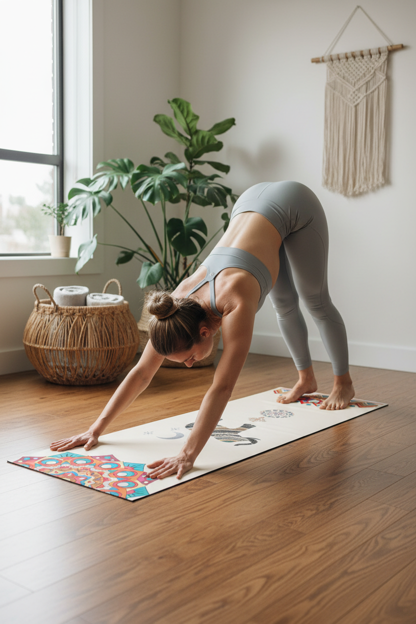 Woman doing downward dog on a cream ivory mandala elephant yoga towel in a boho home yoga space