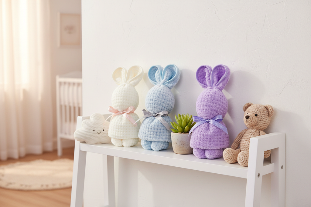 Three pastel bunny-shaped waffle towels displayed on a white wooden nursery shelf with soft toys and a plant