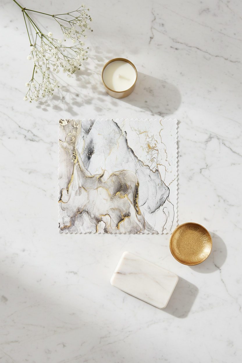 Luxury flat lay of white and gold marble fabric with gold ring dish, marble soap, candle and gypsophila