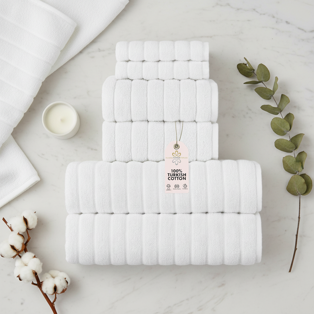 White ribbed Turkish cotton towel set flat lay with candle and dried botanicals on marble