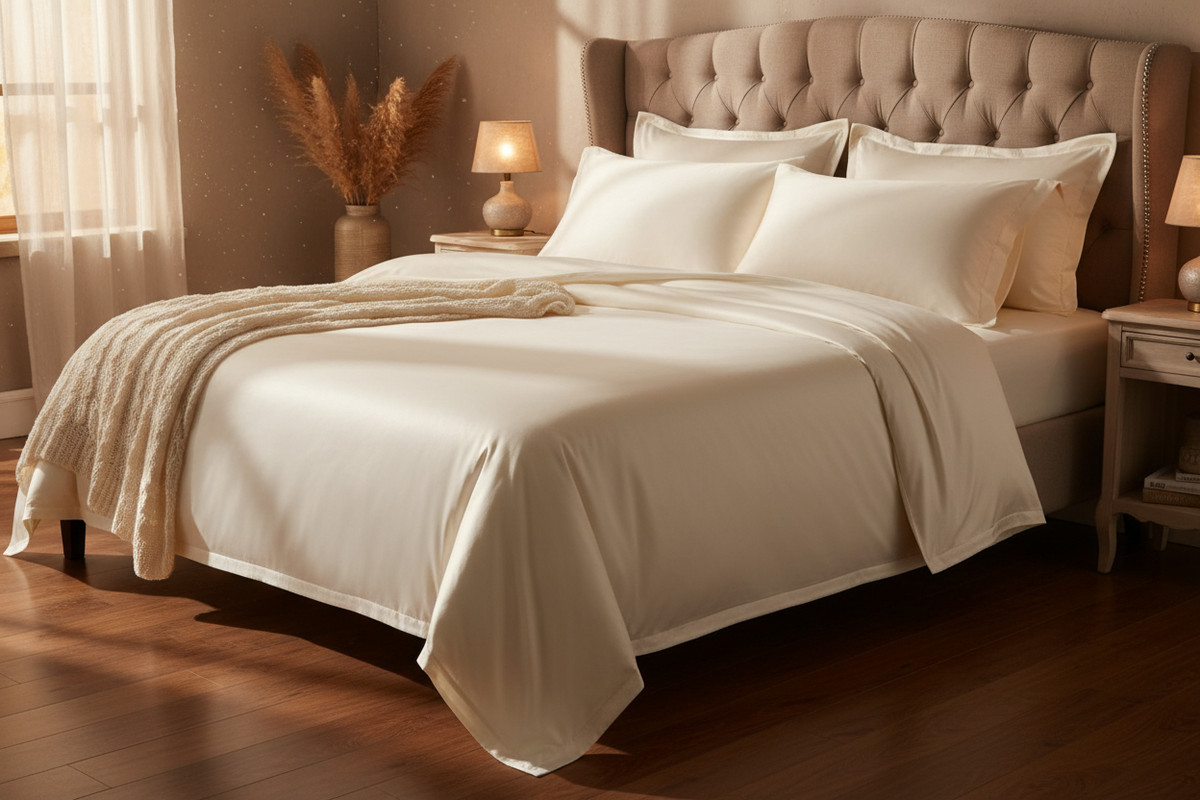 Ivory super king bed sheet set - headboard view with four pillowcases