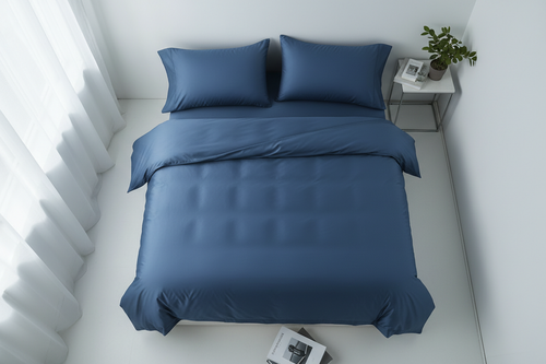 Blue TENCEL lyocell sateen super king sheet set flat lay