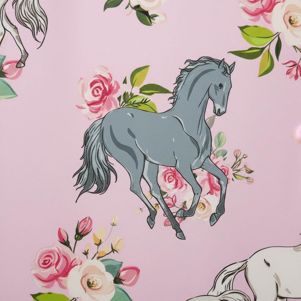 Close-up of pink shower curtain showing illustrated prancing horse with pink roses and green leaves print detail