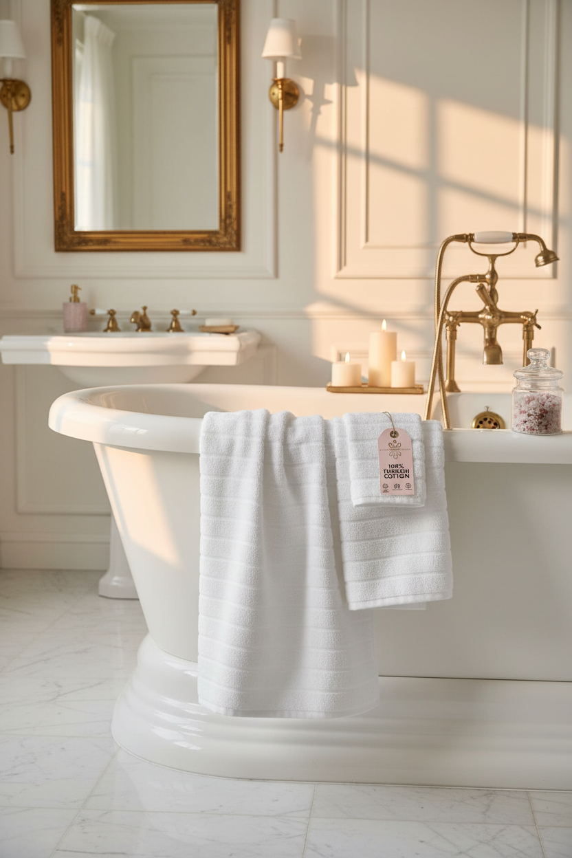 White ribbed Turkish cotton bath towels draped over freestanding roll-top bathtub with brass fixtures