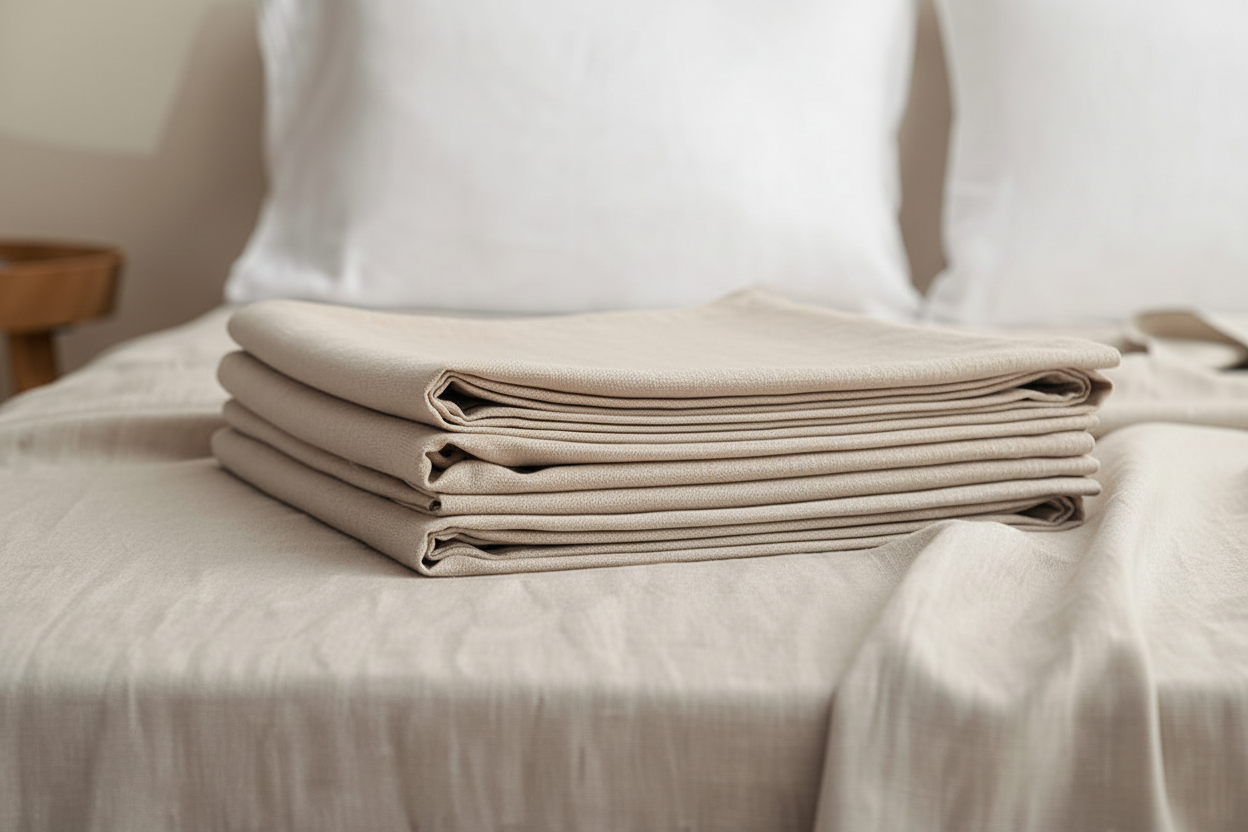 Natural linen flat sheet folded neatly on linen surface