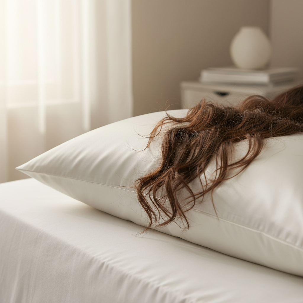 Bamboo Rayon White Sheet Set - hair on pillow lifestyle beauty shot
