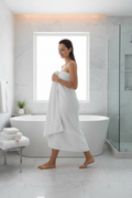 Woman wrapped in white 620 GSM Turkish cotton bath towel in luxury marble bathroom