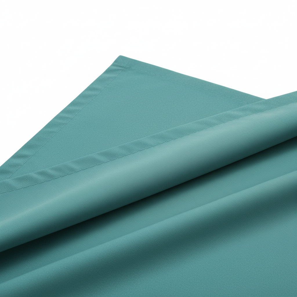 Close-up of sage green microfiber flat sheet hem stitching detail