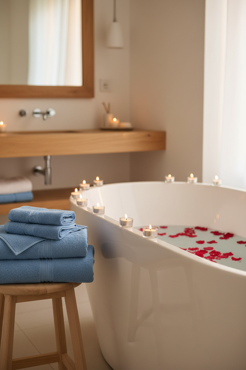 Sky blue organic cotton towels stacked beside freestanding bathtub