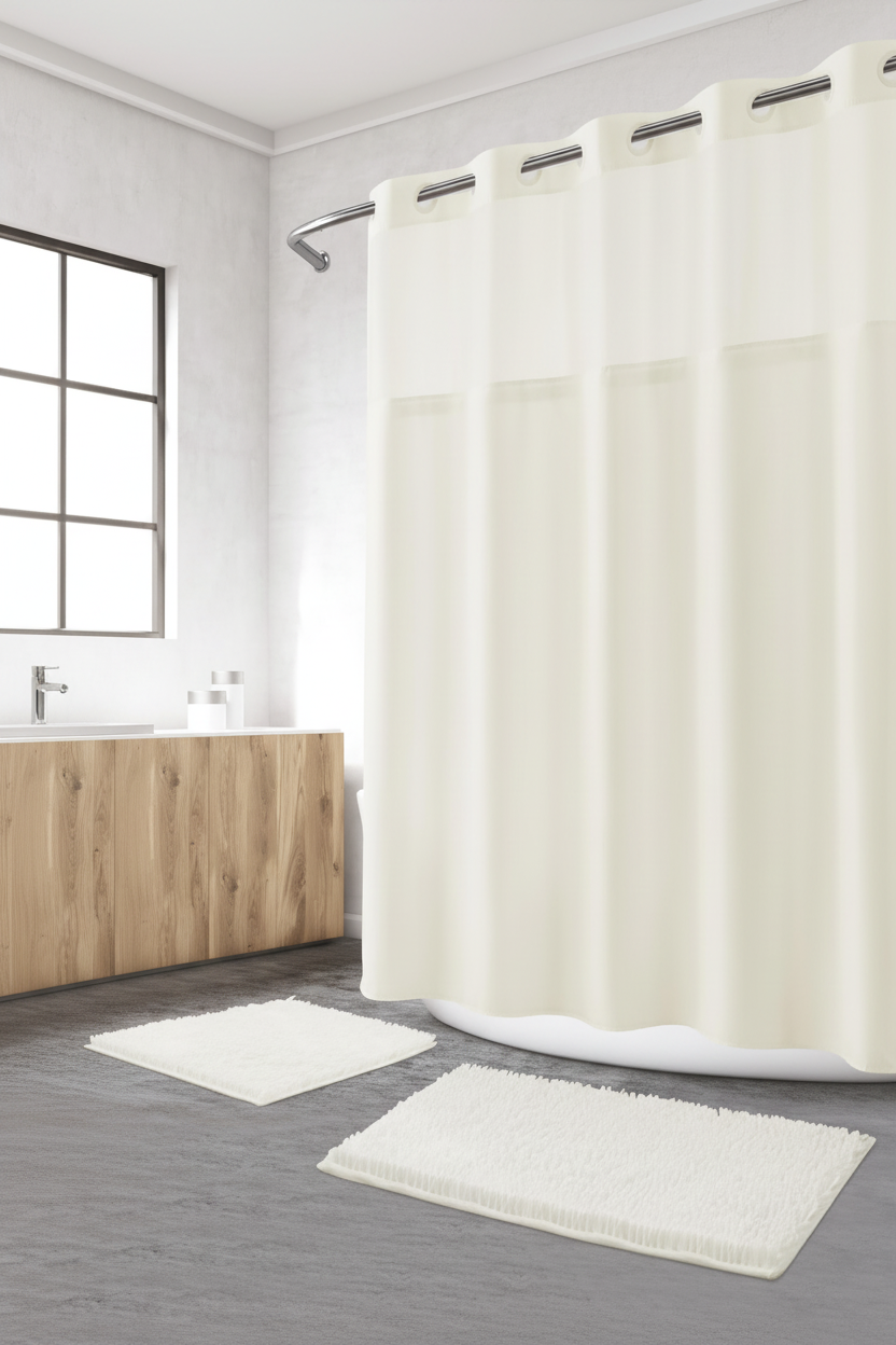 Cream beige hookless shower curtain with two chenille bath rugs in modern bathroom with wood vanity