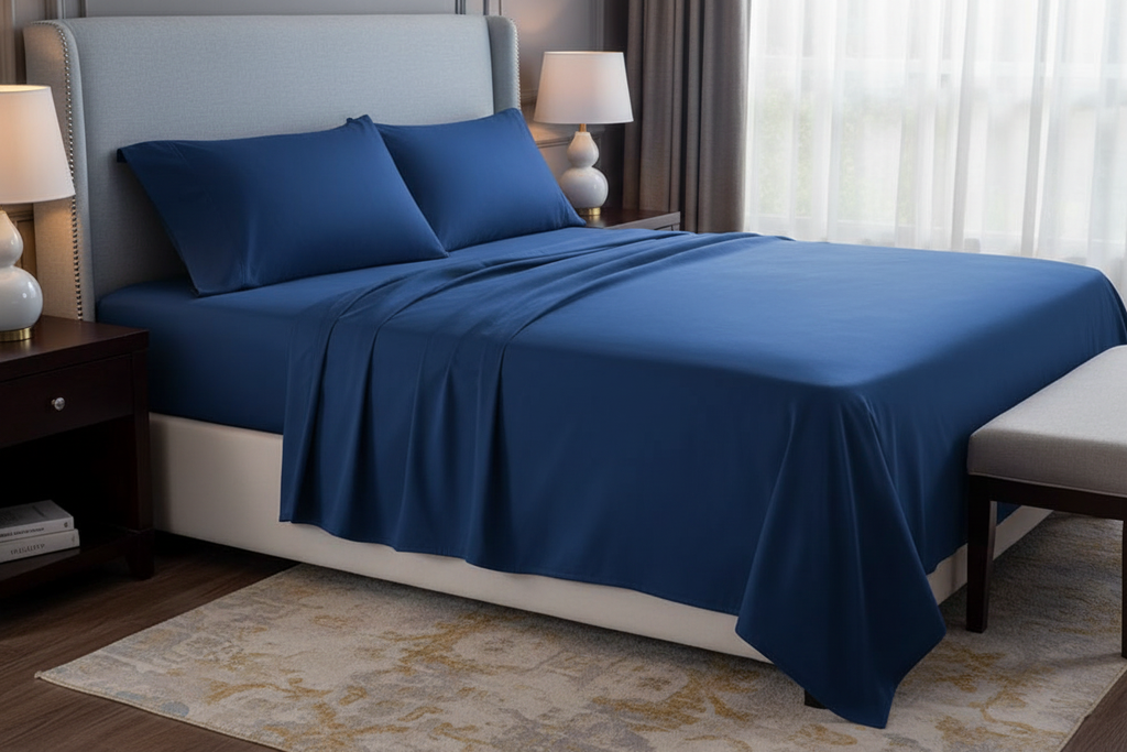 Navy Blue Egyptian Cotton Bed Sheets - side angle view